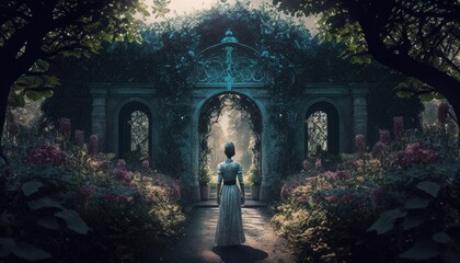 Generative AI of a girl in a white dress standing in a fantasy garden