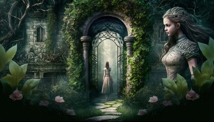Generative AI of a beautiful girl in a fantasy garden. Fantasy.
