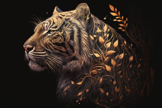 Tiger with floral ornament on a black background. Generative AI