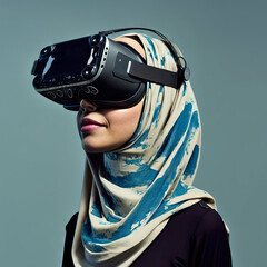 Hijab woman wearing virtual reality goggles. Future technology concept. Generative AI