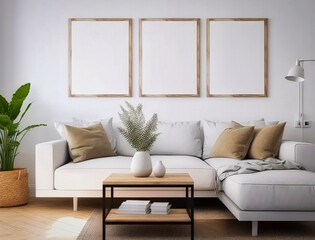 Mockup frame in modern home interior background. Mockup wall. Generative AI