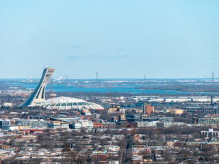 Montreal Olympic Statium seen from Belvédère Camilien-Houde on a winter morning - Landscape shot