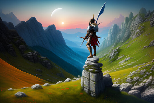 Artistic rendering illustration of a warrior on top of a mountain