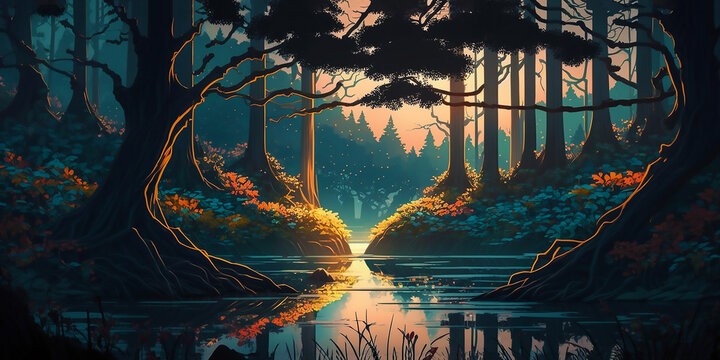 A painting of a river surrounded by trees, fantasy art, storybook illustration, 2d game art, background generated ai