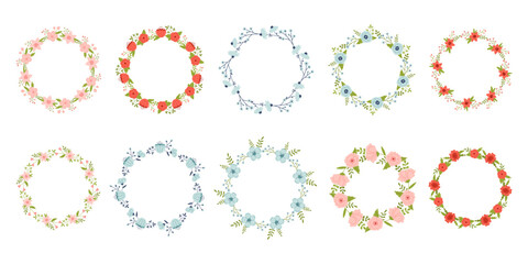 Vector set of floral wreaths in flat design. Collection of text templates with spring plants. Flower round frames copy space. Flower wreaths in pink, red, green and blue colors.