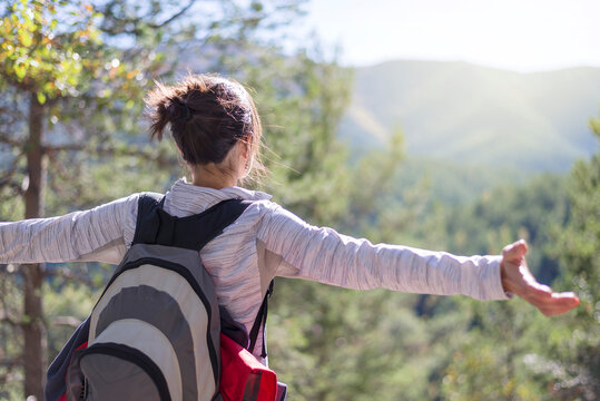 Carefree backpacker with arms outstretched looking at view while standing in forest during sunny day
