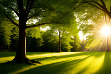 Fototapeta na wymiar Beautiful rays of sunlight in a green forest