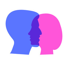 Silhouette of a man's head and a woman's head. Finding each other. Blue and pink. 