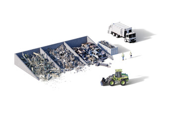 Waste sorting and management by category: wood, construction waste and vehicles. With the help of a garbage truck and a tractor with a bucket. 3d illustration png isolated with transparent shadow