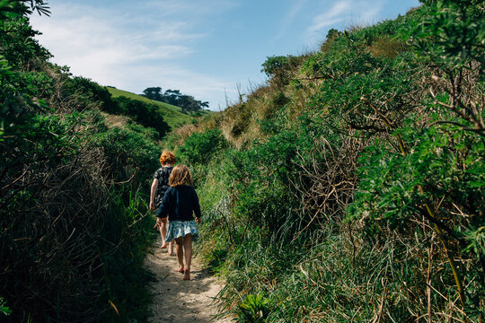 Rear view of siblings walking amidst plants