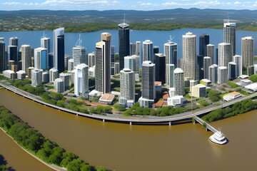 BRISBANE, AUSTRALIA - August 05 2017: Panoramic areal image of Brisbane CBD and South Bank - obrazy, fototapety, plakaty