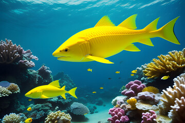 School of yellow snappers swimming over the reef