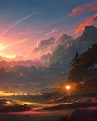 Beautiful lanscape mountain scenery at sunset created with Generative AI