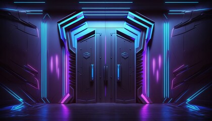 Vibrant Glowing purple and blue neon Laser on a Futuristic Sci-Fi Stage. Generative ai