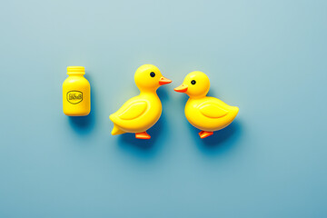 Creative layout made with yellow rubber ducks and mustard bottle on pastel pink background. Surreal concept. Retro style aesthetic toy idea.