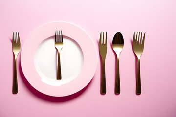 Christmas and New Year creative layout with pastel pink plate, fork, knife, snow and christmas tree on pastel pink background. 80s or 90s aesthetic fashion food restaurant concept.