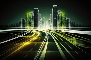Obraz premium Green smart digital city with high speed light trail. Generative AI