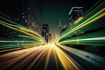 Fototapeta na wymiar Green smart digital city with high speed light trail. Generative AI