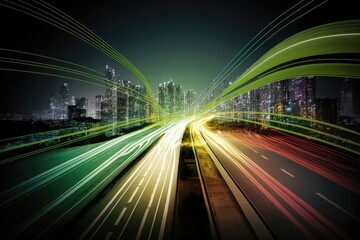 Fototapeta na wymiar Green smart digital city with high speed light trail. Generative AI