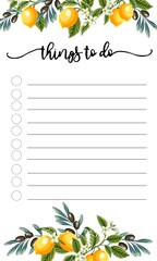 papers for notes, to-do lists, sticker templates decorated with a branch of lemon, flowers and olive branches, Fashionable planner or organizer. flat vector