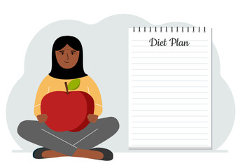 Diet plan illustration. A woman sits cross-legged and holds a large red apple. The concept of diet food, meal planning, nutrition consultation.