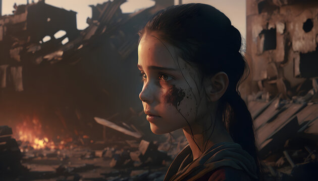 A child cries against the background of destroyed buildings. A sad girl standing in front of collapse buildings area, natural disaster or war victim, sorrow scenery idea for support children's right