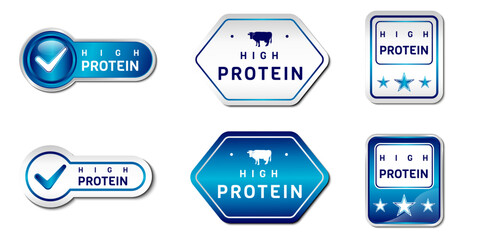 High Protein Label Sticker. With cow, star, and check icon. On gradient blue and white colors. Premium, and luxury vector illustration design