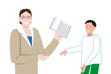 A teacher with a notebook in his hand and a student on a white background. Flat vector illustration