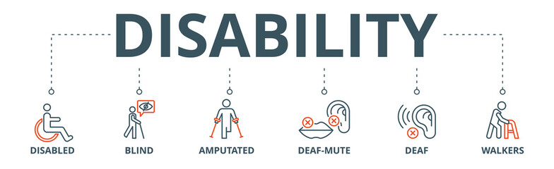 Disability banner web icon vector illustration concept with icon of disabled, blind, amputated, deaf-mute, deaf, walkers