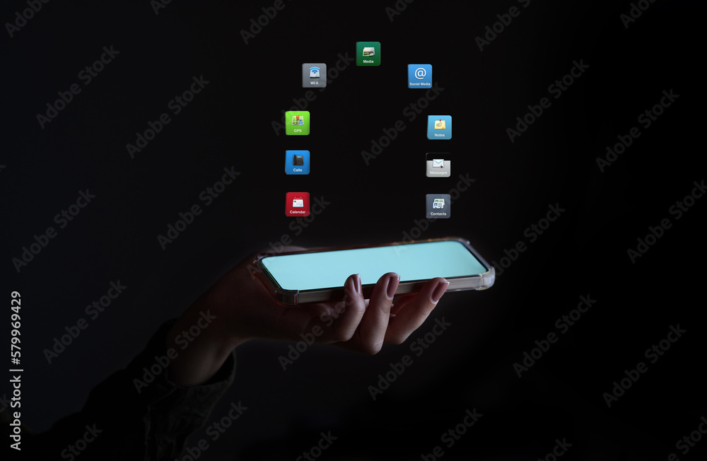 Poster Phone app hologram, hand and mobile networking with software and digital transformation. 3d digital animation, night and technology showing apps icons graphic for virtual connection in the dark