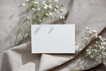 Blank paper card template on beige background, aesthetic minimal business, branding, greeting card, wedding invitation mockup, flatlay, copy space