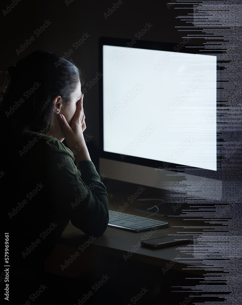 Poster Night coding overlay, blank computer screen and woman feeling stress from cybersecurity problem. Futuristic graphic, 404 glitch and cyber issue on it software in the dark with a employee with anxiety