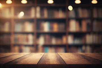 Generative AI image of a empty college library interior space with blurred background. Empty wooden table in foreground.