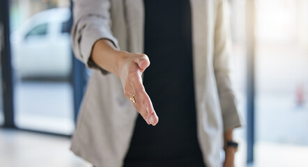 B2b, woman hand and thank you handshake of a corporate worker in a office. Business deal,...