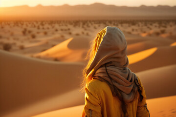 View from back of a young woman standing in front of dessert at sunset in a travel lifestyle. Generative AI.