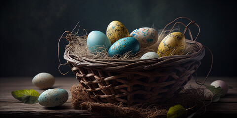 Easter eggs in basket with blue sky and sunny day