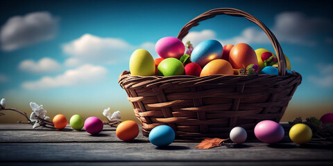 Easter eggs in basket with blue sky and sunny day