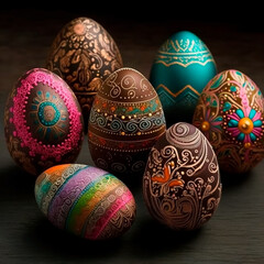 Easter eggs painted multi-colored  with bright decor on a neutral dark background. Generated with ai
