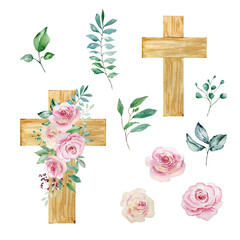 Watercolor crosses decorated with roses, Easter religious symbol