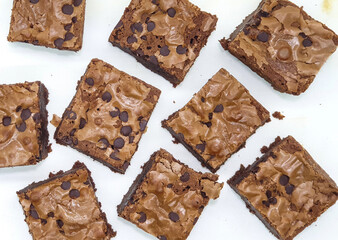 Delicious homemade brownies on white background 