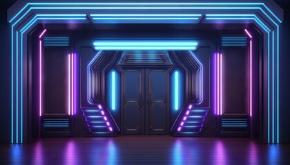 Vibrant Glowing purple and blue neon Laser on a Futuristic Sci-Fi Stage. Generative ai