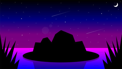 Vector illustration of a big rock in the lake at night