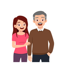 old parent standing with adult young child and smile