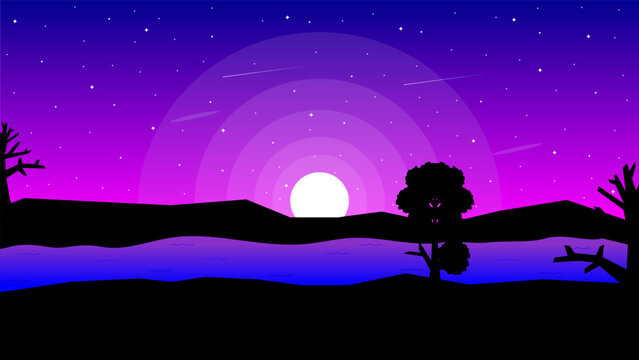 Vector illustration of purple night sky with trees and river in moonlight