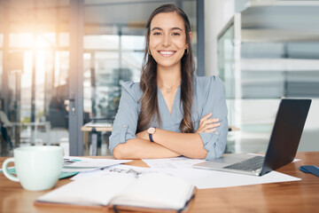 Business woman, portrait and smile at desk in office for paperwork, laptop or administration in...