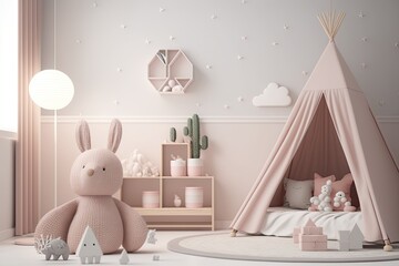 Pink scandinavian interior kids' bedroom with toys an dolls AI generated