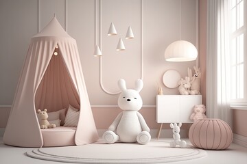Pink scandinavian interior kids' bedroom with toys an dolls AI generated