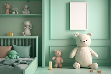 Fototapeta na wymiar Green scandinavian interior kids' bedroom with toys an dolls AI generated