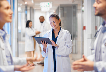 Happy woman doctor on tablet for employees management, hospital workflow and clinic staff solution...