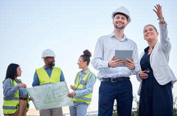 Outdoor, blueprint and architecture people planning, teamwork and collaboration at construction...